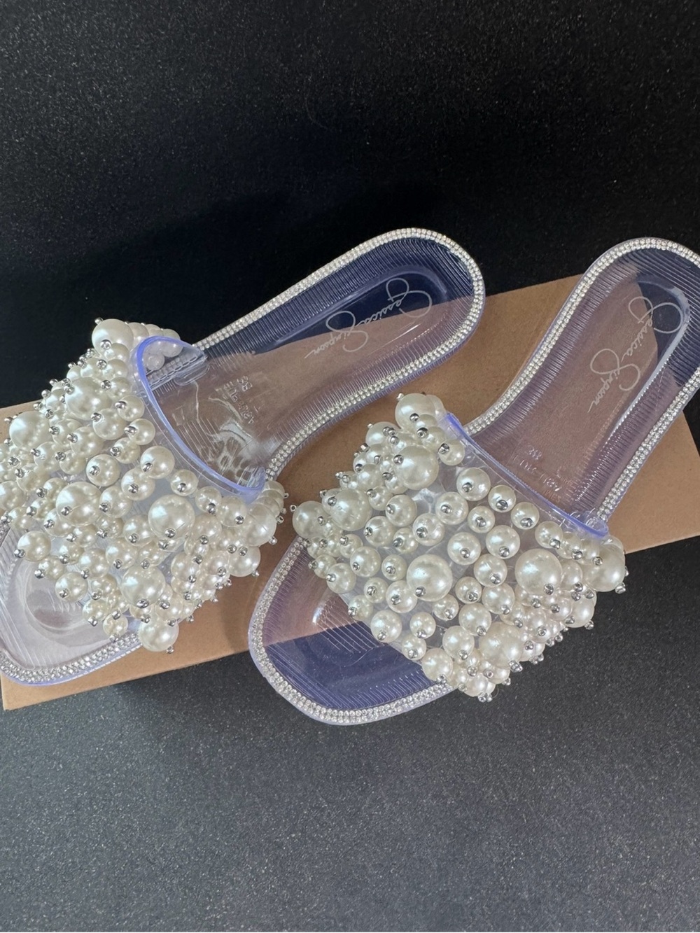 Jessica Simpson Pearl-Embellished Clear Slide Sandals - White/Clear